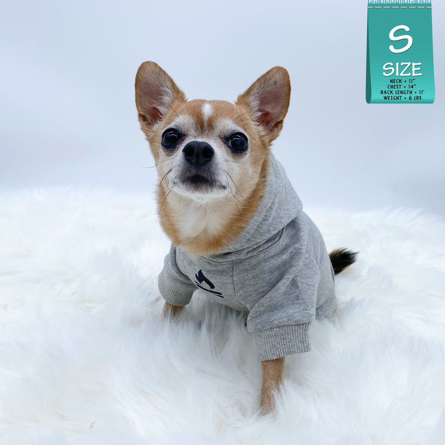 Dog Hoodie - Hoodies For Dogs - Chihuahua wearing "Happy Camper" dog hoodie in gray - campfire emoji on front chest - against solid white background - Wag Trendz