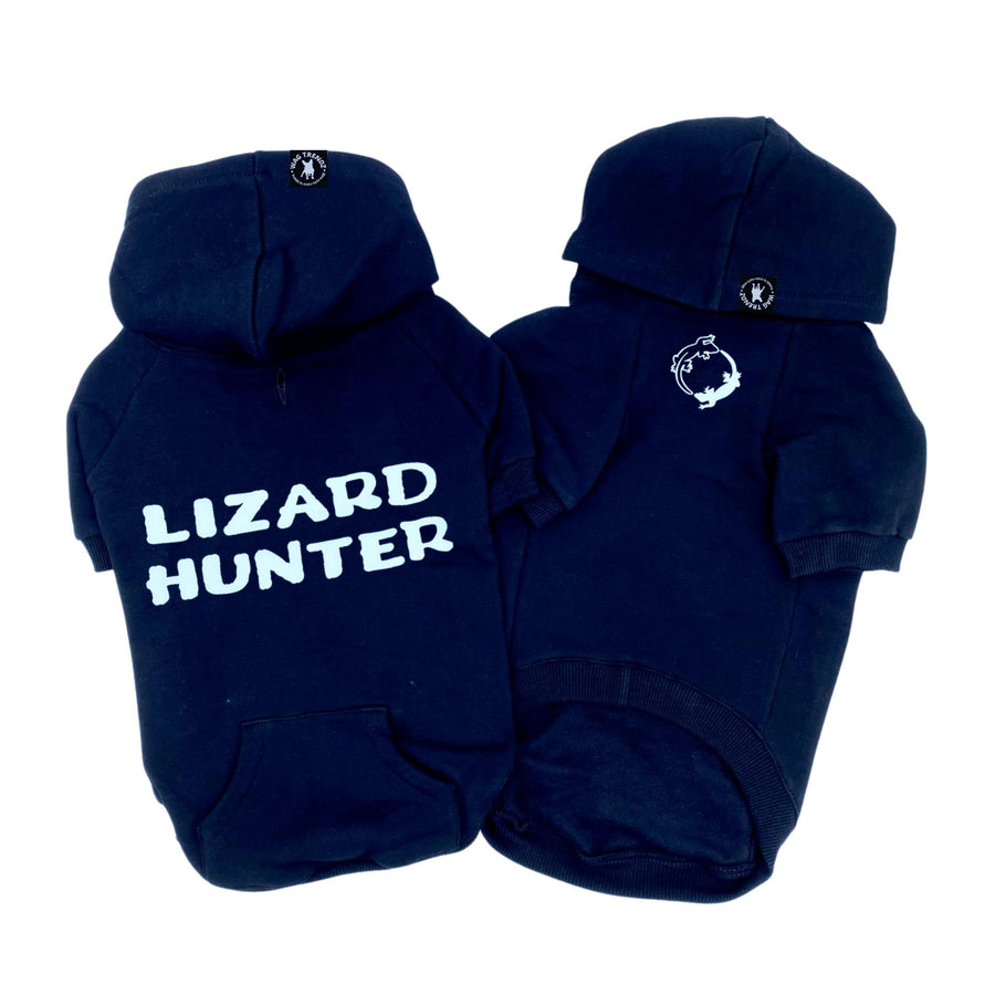 Dog Hoodie - Hoodies For Dogs - "Lizard Hunter" in black set - back has Lizard Hunter and front has two lizards emoji making a circle - against solid white background - Wag Trendz