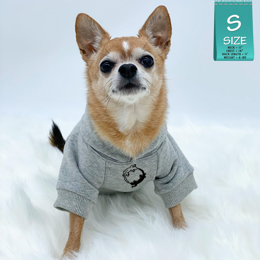 Dog Hoodie - Hoodies For Dogs - Chihuahua wearing "Lizard Hunter" dog hoodie in gray and black sets - front chest has two lizards emoji making a circle - against solid white background - Wag Trendz