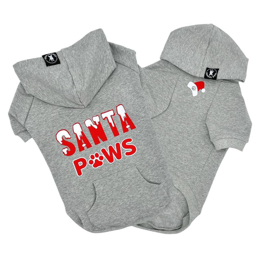 Dog Hoodie - Hoodies For Dogs - "Santa Paws" dog hoodie in gray - back view is snow capped red and white SANTA letters with paws in red and white spelled with a paw - front view with red and white Santa hat emoji with black paw print- against solid white background - Wag Trendz