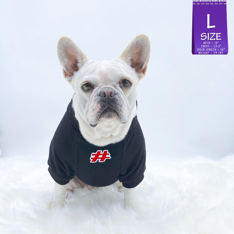Dog Hoodie - Hoodies For Dogs - French Bulldog wearing "Sorry Not Sorry" dog hoodie in black - front view has a # outlined in red - against solid white background - Wag Trendz