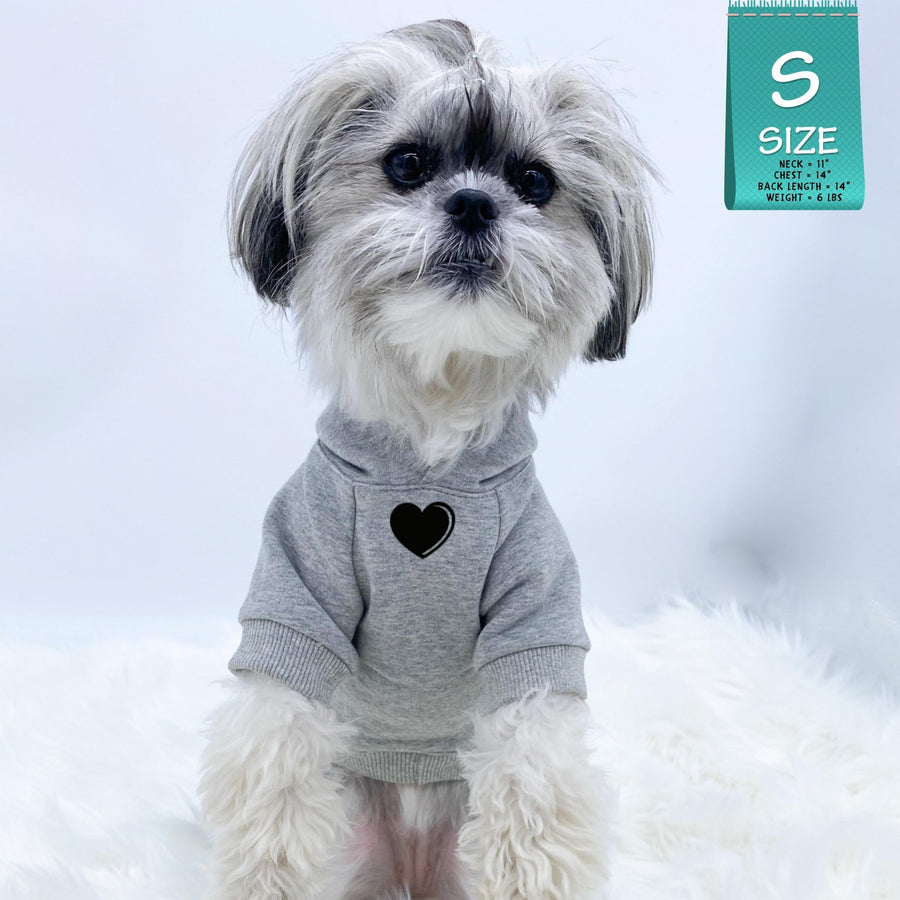 Dog Hoodie - Hoodies For Dogs - Shih Tzu wearing “SPOILED” dog hoodie in gray - front chest has a solid heart emoji - against a solid white background - Wag Trendz