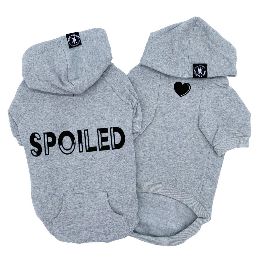 Dog Hoodie - Hoodies For Dogs - “SPOILED” dog hoodie in gray set - back view has SPOILED and front chest has a solid heart emoji - against solid white background - Wag Trendz