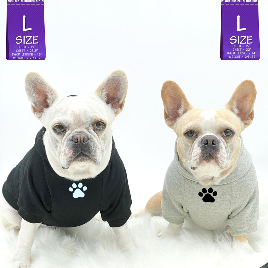 Dog Hoodie - Hoodies For Dogs - French Bulldogs wearing "Stay Pawsitive" dog hoodies in gray and black - front view with paw print - against solid white background - Wag Trendz