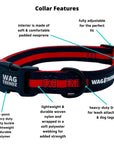 Dog Leash and Collar Set - solid black nylon dog collar with bold red stripe - with product feature captions - against solid white background - Wag Trendz