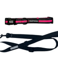 Dog Leash and Collar Set - Black Dog Collar with bold Hot Pink Stripe with solid black adjustable leash in large - against solid white background - Wag Trendz