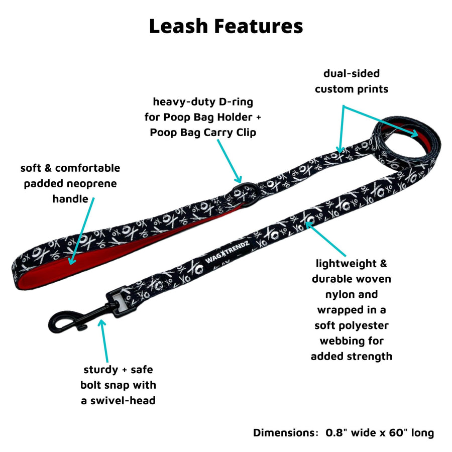 Dog Leash and Collar Set - black with white XO's and bold red stripe on dog nylon leash - with product feature captions - against solid white background - Wag Trendz