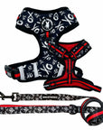 Dog Leash and Harness Set - Dog Harness Vest in black with white XOs and red accents and matching dog leash - against white background - Wag Trendz