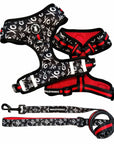 Dog Leash and Harness Set - Dog Harness Vest in black with white XOs and red accents - matching dog leash - against solid white background - Wag Trendz