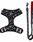 Dog Leash and Harness Set - Dog Harness Vest in black with white XOs and red accents - matching dog leash - against solid white background - Wag Trendz