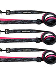Nylon Dog Leash - Camo Dog Leash - three black and gray camo dog leashes displayed together with opposite side black with hot pink against a solid white background - Wag Trendz