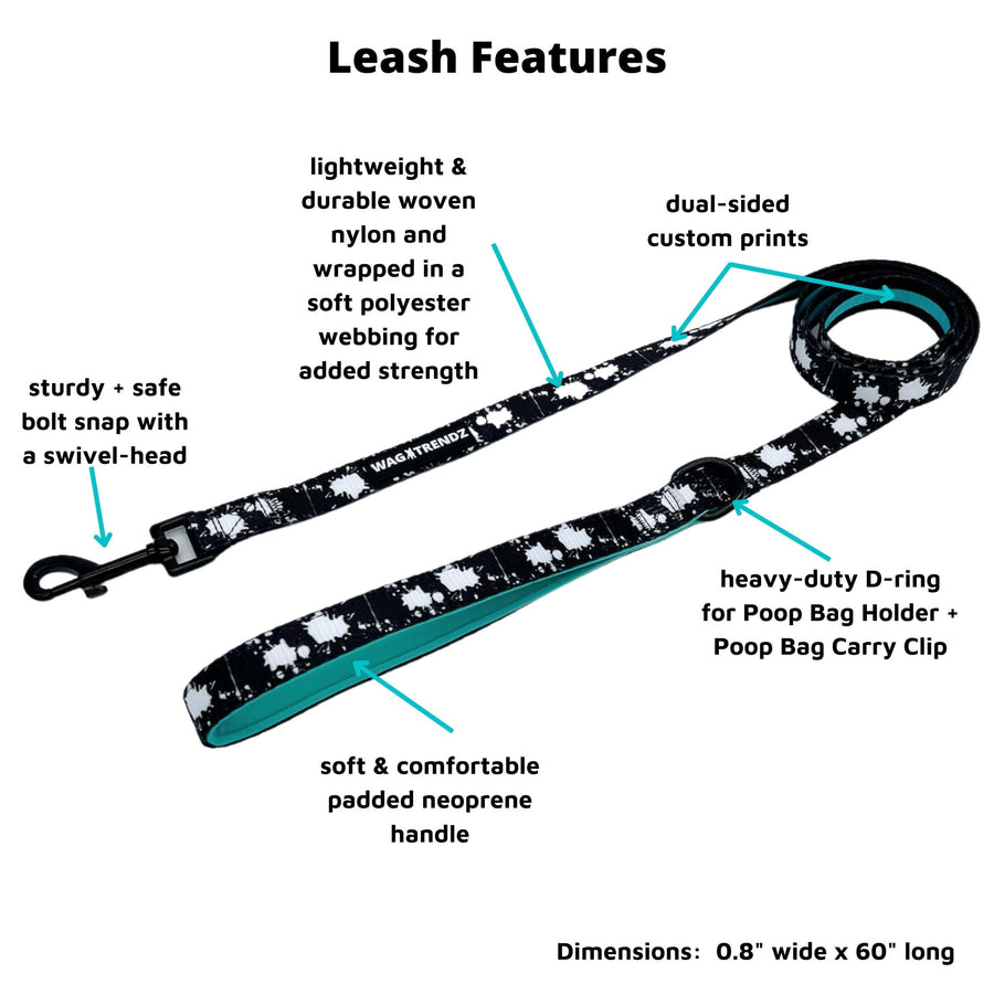 Nylon Dog Leash - black with white paint splatter and teal accents - product feature captions - against solid white background - Wag Trendz