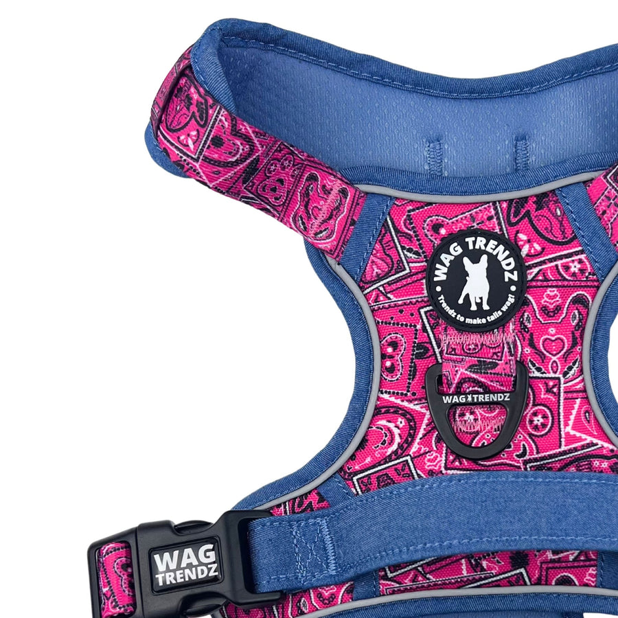 No Pull Dog Harness - with Handle - Bandana Boujee No Pull Dog Harness in Hot Pink with Denim Accents - close-up of back view - against solid white background - Wag Trendz