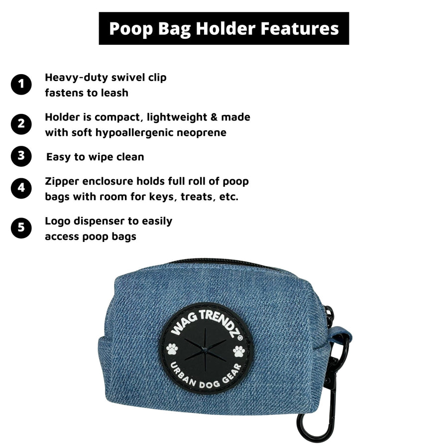 Dog Poop Bag Holder - Downtown Denim - blue jean with a  black zipper and black rubber logo dispenser on front - with product feature captions - against a solid white background - Wag Trendz