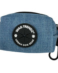 Dog Poop Bag Holder - Downtown Denim - blue jean with a black zipper and black rubber logo dispenser on front - against a solid white background - Wag Trendz