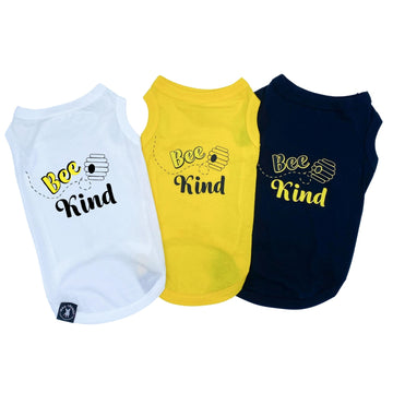 Dog T-Shirt - "Bee Kind" - One white, one yellow and one black with Bee Kind and bee hive on front in yellow and black lettering - against solid white background - Wag Trendz