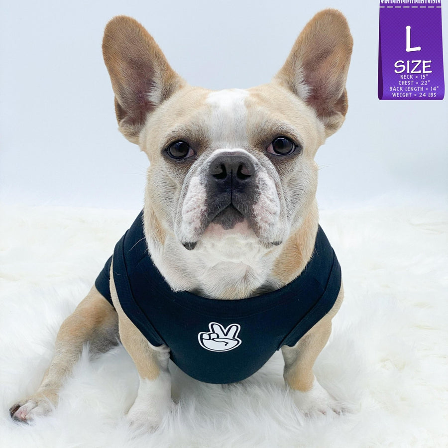 Dog T-Shirt - Frenchie Bulldog wearing "Good Life" dog t-shirt in black - with white finger peace sign emoji on chest - against a solid white background - Wag Trendz