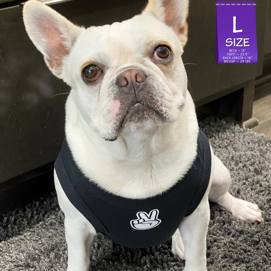 Dog T-Shirt - Frenchie Bulldog wearing "Good Life" dog t-shirt in black - with white finger peace sign emoji on chest - sitting indoors - Wag Trendz