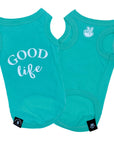 Dog T-Shirt - "Good Life" - Teal set - dog t-shirt has the words Good Life in white lettering on the back and finger peace sign emoji on chest - against a solid white background - Wag Trendz