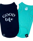 Dog T-Shirt - "Good Life" - Black and Teal - black t-shirt has the words Good Life in white lettering on the back and teal t-shirt has finger peace sign emoji on chest - against a solid white background - Wag Trendz