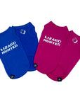 Dog T-Shirt - "Lizard Hunter" - Royal Blue and Hot Pink dog t-shirt sets - back view with Lizard Hunter lettering in white and chest view with lizards making a circle emoji - against solid white background - Wag Trendz