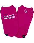 Dog T-Shirt - "Lizard Hunter" - Hot Pink dog t-shirts - back view with Lizard Hunter lettering in white and chest view with lizards making a circle emoji - against solid white background - Wag Trendz