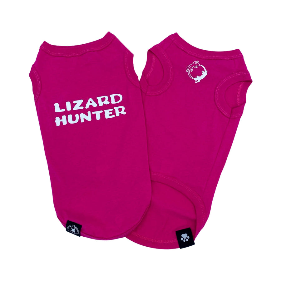 Dog T-Shirt - "Lizard Hunter" - Hot Pink dog t-shirts - back view with Lizard Hunter lettering in white and chest view with lizards making a circle emoji - against solid white background - Wag Trendz