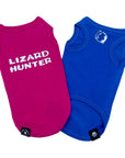 Dog T-Shirt - "Lizard Hunter" - Hot Pink and Royal Blue dog t-shirts - back view with Lizard Hunter lettering in white and chest view with lizards making a circle emoji - against solid white background - Wag Trendz