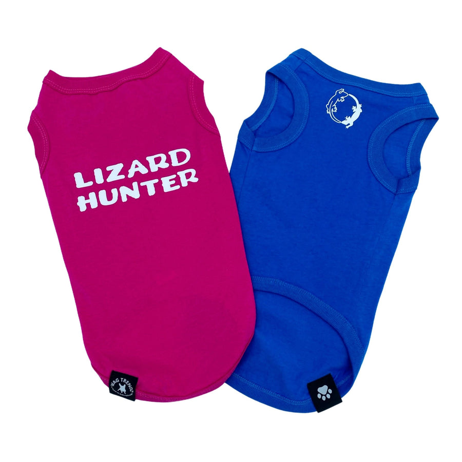Dog T-Shirt - "Lizard Hunter" -  Hot Pink and Royal Blue dog t-shirts - back view with Lizard Hunter lettering in white and chest view with lizards making a circle emoji - against solid white background - Wag Trendz