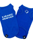 Dog T-Shirt - "Lizard Hunter" - Royal Blue dog t-shirts - back view with Lizard Hunter lettering in white and chest view with lizards making a circle emoji - against solid white background - Wag Trendz