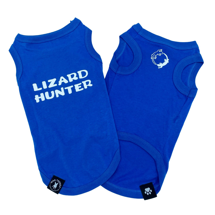 Dog T-Shirt - "Lizard Hunter" - Royal Blue dog t-shirts - back view with Lizard Hunter lettering in white and chest view with lizards making a circle emoji - against solid white background - Wag Trendz