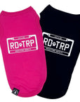 Dog T-Shirt - Road Trip - Black and Pink T-Shirts with Road Trip License Plate with dog paw and Let's Go Adventure Awaits - back view - against solid white background - Wag Trendz