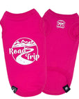 Dog T-Shirt - Road Trip - Pink T-Shirts with Road Trip Mountain View on back with VW Bus emoji on chest side - against solid white background - Wag Trendz