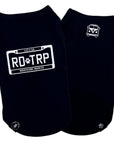 Dog T-Shirt - Road Trip - Black T-Shirts with Road Trip License Plate with dog paw and Let's Go Adventure Awaits on the back - with VW Bus emoji on chest side - against solid white background - Wag Trendz