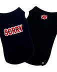 Dog T-Shirt - "Sorry Not Sorry" black dog t-shirt with red and white lettering on back and red and white hashtag emoji on chest - against solid white background - Wag Trendz