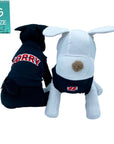 Dog T-Shirt - stuffed dogs one black and one white wearing "Sorry Not Sorry" black dog t-shirt with red and white lettering on back and red and white hashtag emoji on chest - against solid white background - Wag Trendz