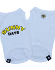 Dog T-Shirt - "Sunny Days" dog t-shirts in White - backside says Sunny Days with a modern sunshine emoji on chest - lettering and emoji is in yellow and black - against solid white background - Wag Trendz