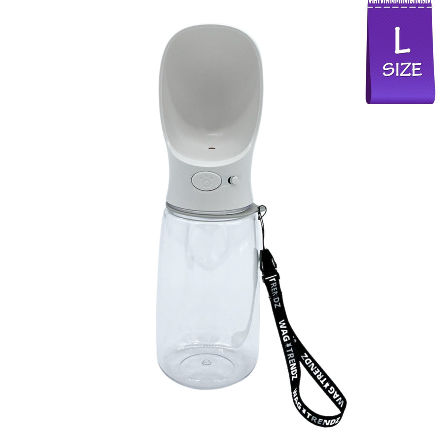 Dog Portable Water Bottle - white with black & white logo strap - large - against solid white background - Wag Trendz