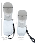 Dog Portable Water Bottle - dimensions for small and large bottle - against solid white background - Wag Trendz