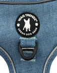 Harness and Leash Set + Poop Bag Holder - Downtown Denim Dog Harness - Close-up view of the chest D-Ring for No Pull Training and rubber logo - against solid white background - Wag Trendz
