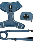 Harness and Leash Set + Poop Bag Holder - Downtown Denim Dog Harness with matching denim leash and poop bag holder - against solid white background - Wag Trendz