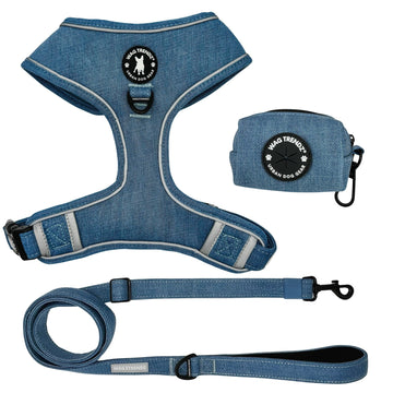 Harness and Leash Set + Poop Bag Holder - Downtown Denim Dog Harness with matching denim leash and poop bag holder  - against solid white background - Wag Trendz