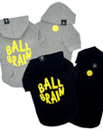 Hooded Sweatshirt For Dogs - Ball Brain hooded sweatshirt in gray & black front and back view with tennis ball and ball brain in yellow - against a solid white background - Wag Trendz