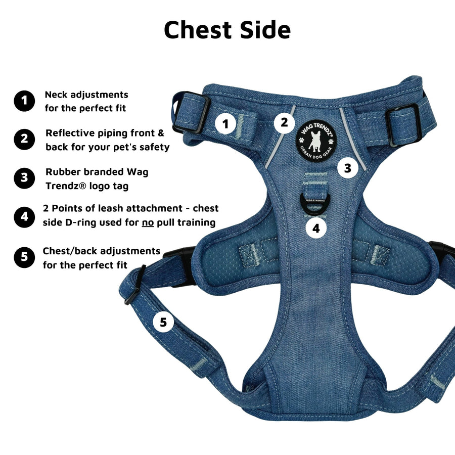 No Pull Dog Harness and Least Set - Downtown Denim No Pull Dog Harness with product feature captions on the chest side of the harness - against solid white background - Wag Trendz