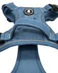 No Pull Dog Harness and Least Set + Poop Bag Holder - Downtown Denim No Pull Dog Harness - Close up of back view showing the handle details - against solid white background - Wag Trendz