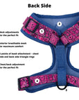 No Pull Dog Harness - Bandana Boujee Hot Pink No Pull Dog Harness with Denim Accents - back view - with product feature captions against solid white background - Wag Trendz