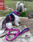No Pull Dog Harness - Shih Tzu wearing Bandana Boujee Hot Pink No Pull Dog Harness with Denim Accents and matching leash attached - side view sitting outdoors on a rock - Wag Trendz