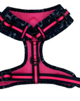 No Pull Dog Harness - black and gray camo no pull dog harness with hot pink accents and a front clip for no pull training - back view against a solid white background - Wag Trendz