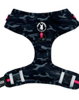 No Pull Dog Harness - black and gray camo no pull dog harness with hot pink accents and a front clip for no pull training - chest view against a solid white background - Wag Trendz