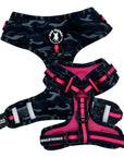No Pull Dog Harness - black and gray camo no pull dog harness with hot pink accents and a front clip for no pull training - chest & back view against a solid white background - Wag Trendz